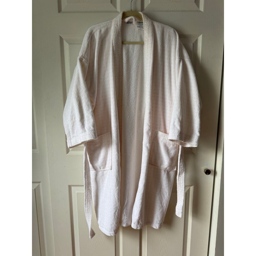 Vintage 1990s Nightgear Pink Houndstooth Terry Cloth Robe Size L Cozy Bathrobe